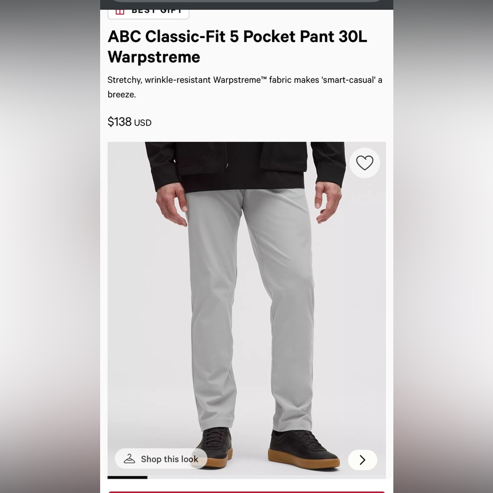 Lululemon ABC Classic-Fit 5 Pocket Pant 30L Warpstreme Size 30 Silver Drop Gray